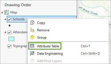 Attribute Table option for the Schools layer