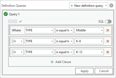 Query for Type = Middle or K-8 or K-12