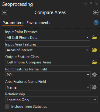 Compare Areas tool parameters