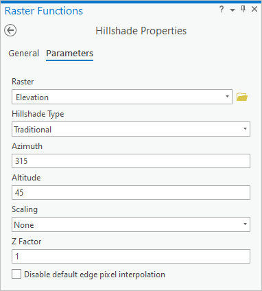 Default parameters for Hillshade Properties in the Raster Functions pane
