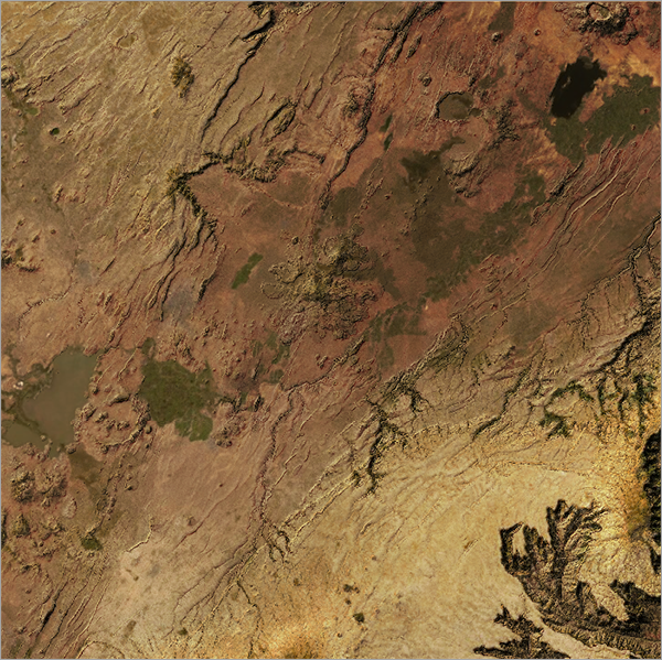 Hillshade image blended with the imagery basemap using the Overlay blend mode