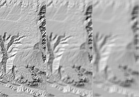 Three hillshade layers, generalized to different levels of detail