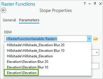 DEM set to Elevation in the Slope Properties Raster Functions pane