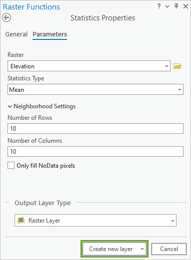 Create new layer button in the Raster Functions pane