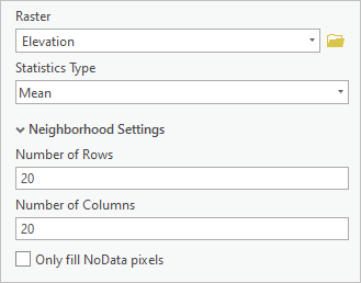 Statistics raster function with number of rows and columns set to 20