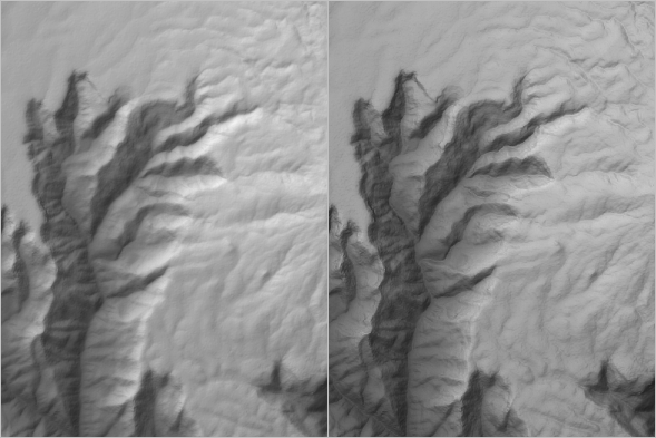 Hillshade before and after the slope layer is added