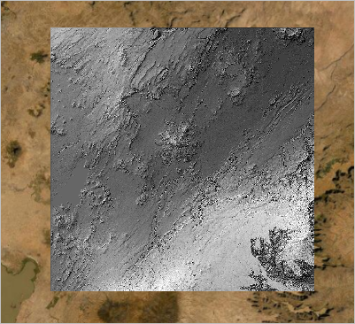 Black and white hillshade image on top of imagery basemap