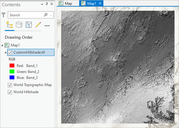 Hillshade TIFF in map view and the Contents pane of Map 1