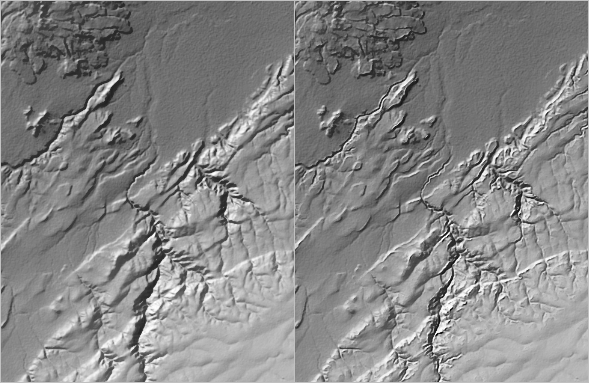 Hillshade image before and after adding the edges layer