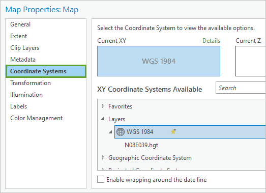 Coordinate Systems tab in the Map Properties window