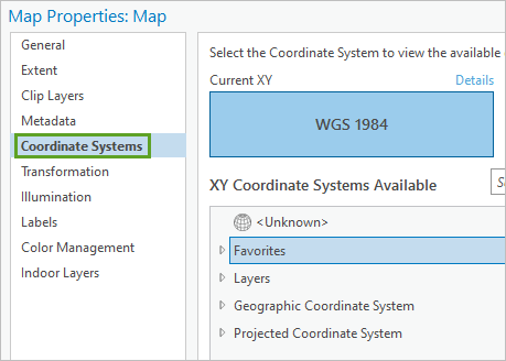 Coordinate Systems tab in the Map Properties window