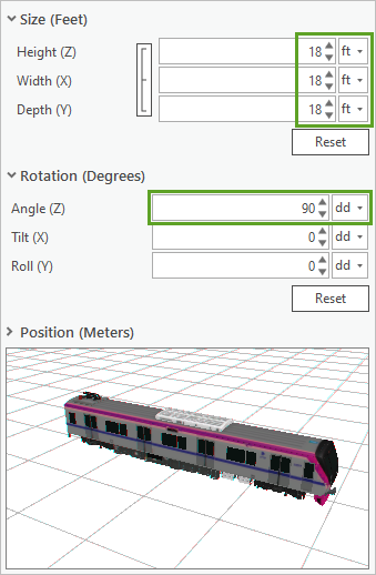 Size and Rotation values set