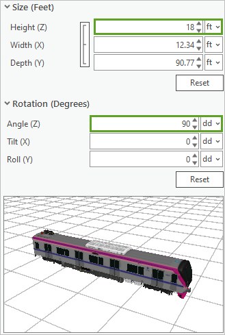 Size and Rotation values set