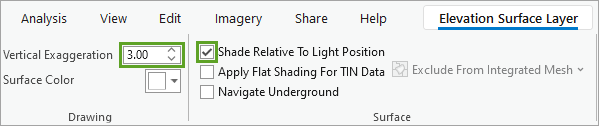 Update elevation layer exaggeration and surface shading properties.