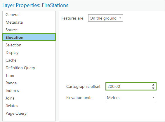 Window for Layer Properties: FireStations with Cartographic offset with 200 meters selected