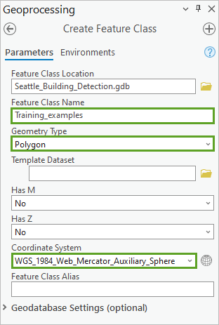 Create Feature Class parameters