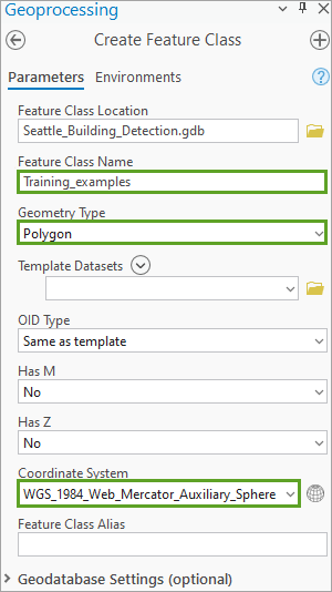 Create Feature Class parameters