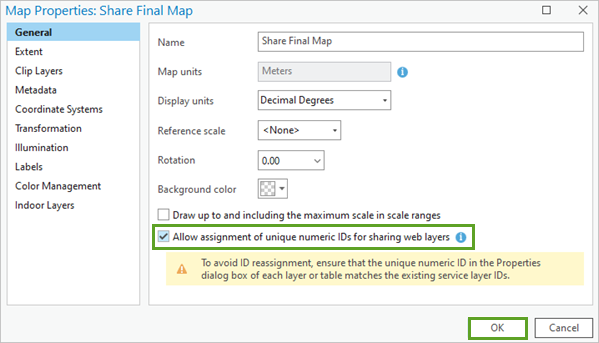 Allow assignment of unique numeric IDs for sharing web layers checked in the Map Properties window.