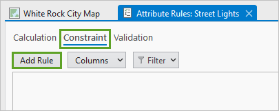 Constraint tab and Add Rule button in the Attribute Rules view