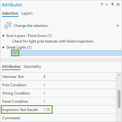 Street Lights feature 161 in the Attributes pane