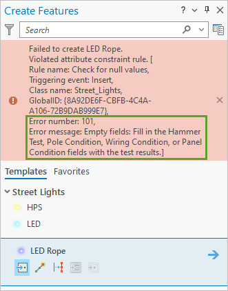 Error message in the Create Features pane