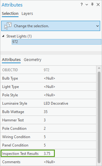 Inspection Test Results field in the Attributes pane