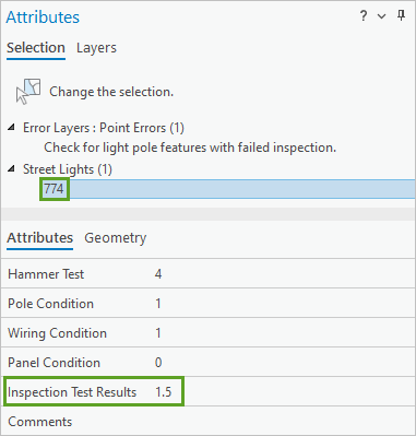 Street Lights feature 774 in the Attributes pane