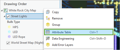 Attribute Table option in the Street Lights layer's context menu
