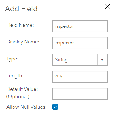 Add Field window with information populated