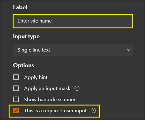 Parameters for the New user input window