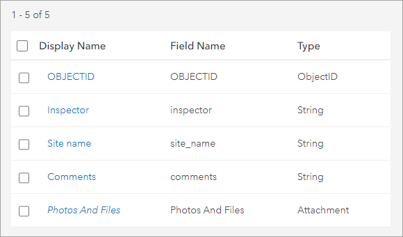 List of all fields in the layer