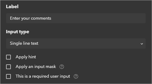 Parameters for the new user input window