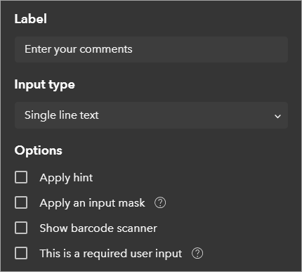 Parameters for the new user input window