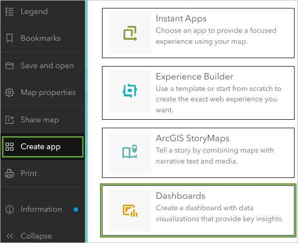 Dashboards in Create app menu
