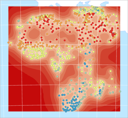 Map with temperature points and red standard error surface