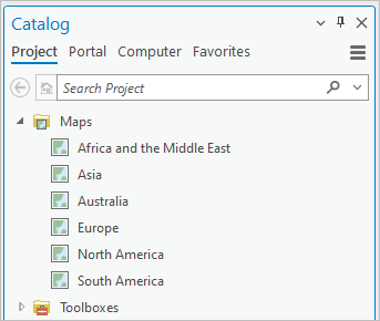 Catalog pane open to the Project tab, Maps folder, showing 6 maps