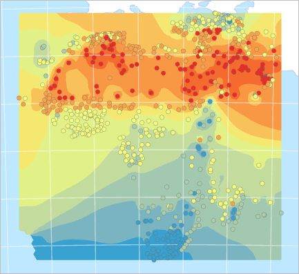 Map showing temperature point data and interpolated surface