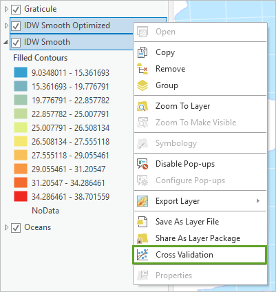 IDW Smooth Optimized and IDW Smooth selected in the Contents pane with Cross Validation selected in their context menu