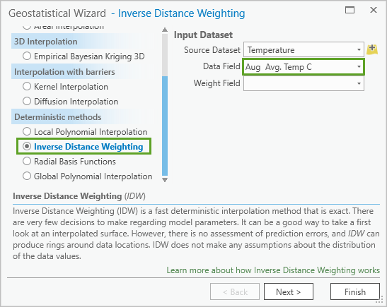 Inverse Distance Weighting and Aug Avg. Temp C on the Geostatistical Wizard
