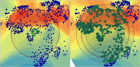 Preview map of the Geostatistical Wizard with one circle compared to three