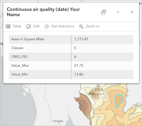 Map of air quality pop-up