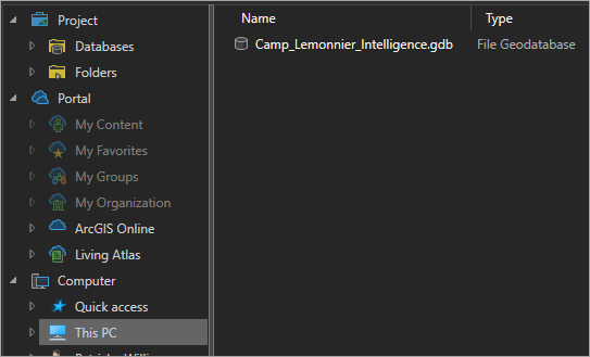 Location of the Camp_Lemonnier_Intelligence geodatabase in the Add Data window