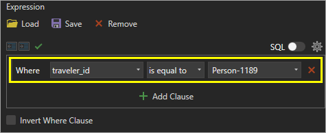 Expression to select features with a traveler_id value of Person-1189