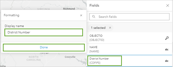Field name CDFIPS updated to District Number in the Formatting pane