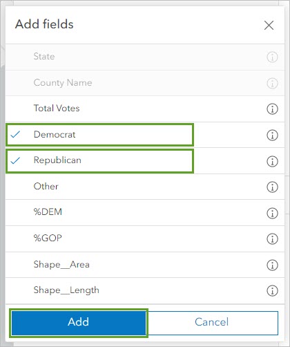 Democrat and Republican fields selected in the Add fields window