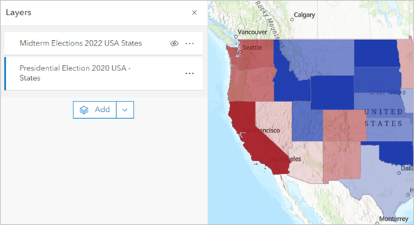 Presidential Election 2020 USA - States layer selected in the Layers pane and visible on the map