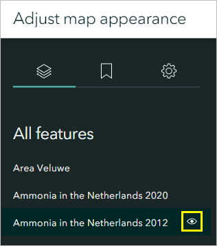 Visibility button for the Ammonia in the Netherlands 2012 layer