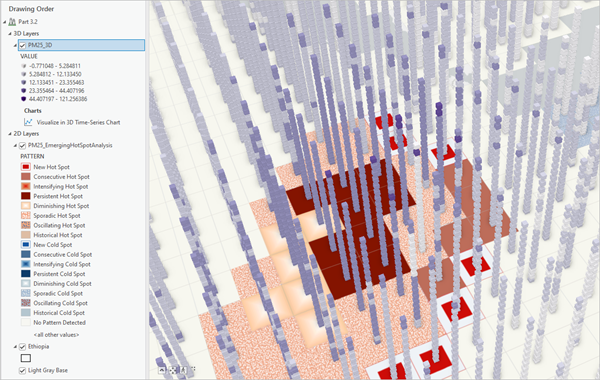 PM25_3D layer in the 3D Layers group of the Contents pane and in the scene