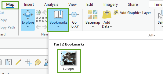 Europe bookmark in the Bookmarks gallery on the Map tab