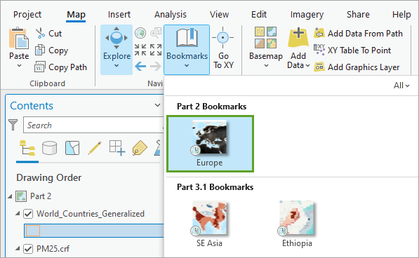 Europe bookmark in the Bookmarks gallery on the Map tab